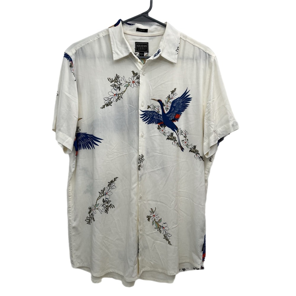 Guess Short‎ Sleeve White Button-Up Shirt Crane Bird Floral Print Size S